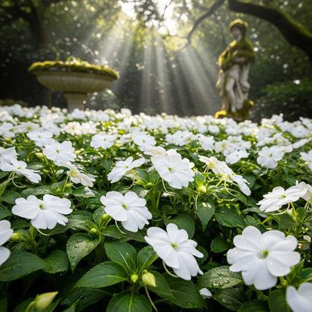 Beautiful white flowers in the garden with sunlight and a statue.の素材