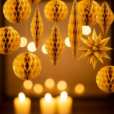 Christmas and New Year background with golden christmas decorations and burning candlesの写真素材