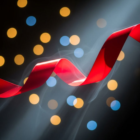Curly red ribbon on a black background with bokeh lightsの写真素材