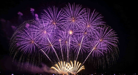 Colorful fireworks of various colors over night sky, Happy new yearの写真素材