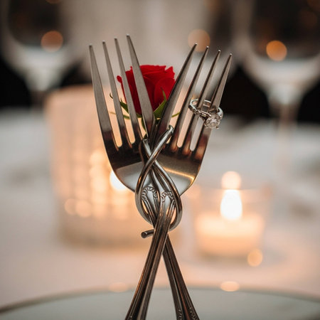 Table setting for a romantic dinner in the restaurant. Selective focus.の写真素材