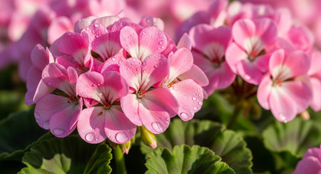 Pink geranium flowers with water drops on petals in the garden