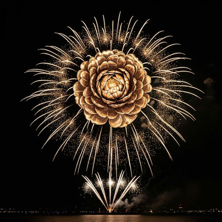 Fireworks in the night sky with golden pine cone on black backgroundの写真素材