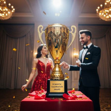 Luxury couple celebrating their wedding day with a golden trophy.の写真素材