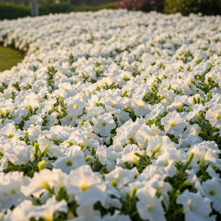 Beautiful white petunia flowers blooming in the garden. Natural floral background.の写真素材