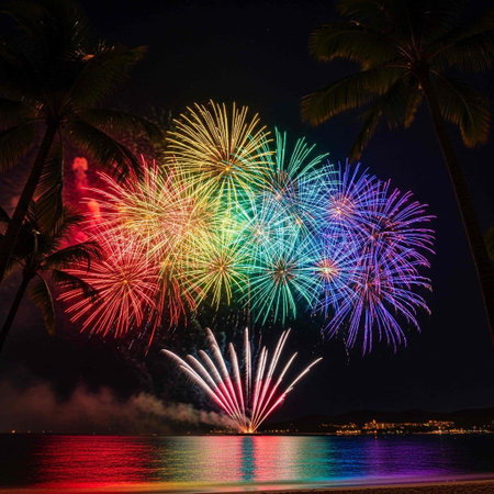 Beautiful firework display for celebration happy new year 2016 on the beachの写真素材