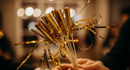 Woman making christmas decorations with golden ribbons. Close up.の写真素材