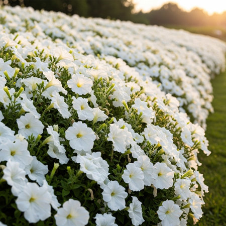 Beautiful white petunia flowers blooming in the garden at sunset.
