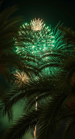 Beautiful fireworks in the night sky with palm tree - 3D illustrationの写真素材
