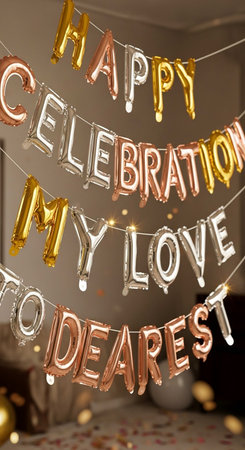 Happy birthday card with balloons and bokeh lights in the backgroundの写真素材