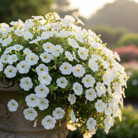 Beautiful white petunia flowers blooming in the garden, stock photoの写真素材
