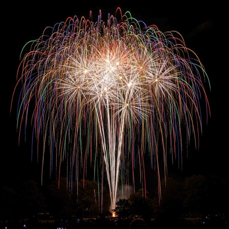 Colorful fireworks of various colors over night sky in a celebration.の写真素材