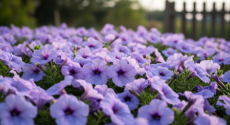 purple petunia flowers blooming in the garden with fence backgroundの写真素材