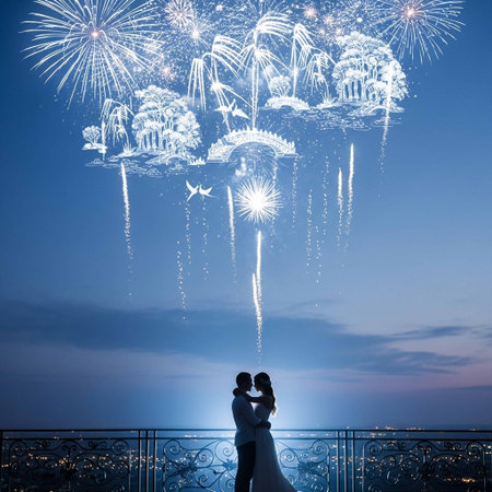 Silhouette of newlywed couple and fireworks on the background.の写真素材