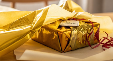 Gift wrapped in gold paper and tied with a red ribbon.