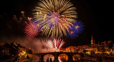 Fireworks over the old town at nightの写真素材