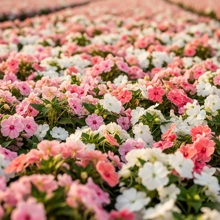 Beautiful flower field in the park. Pink and white flowers.の写真素材