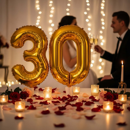 Number 30 gold foil balloon on the background of a newlywed couple. Celebrating thirty years.の写真素材