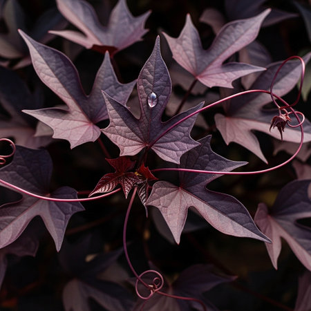 Purple ivy leaves with drops of dew, natural backgroundの写真素材