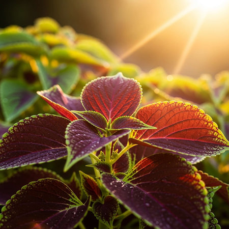 Close up of coleus plant with sunlight in the morning.