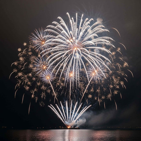 Colorful fireworks of various colors over night sky with reflection on water