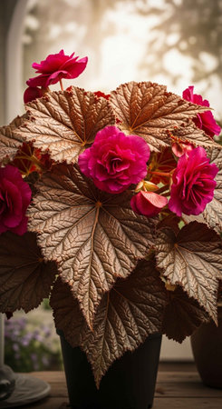 Begonia flowers in a pot on the windowsill. Home decor.の写真素材