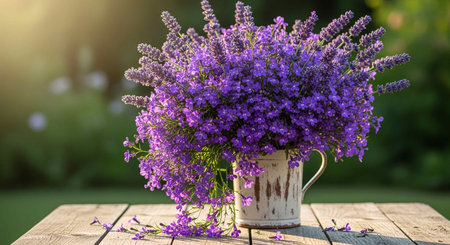 Lavender bouquet in vase on wooden table in garden