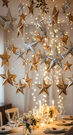 Festive table setting with silver and gold stars. Festive table decoration