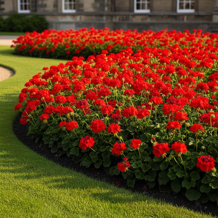 Flowerbed with red geraniums in the park, Englandの写真素材
