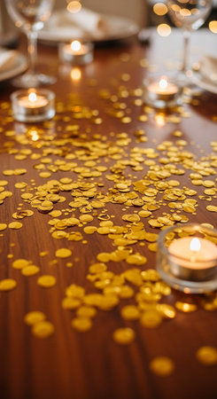 Festive table setting with golden confetti and candles on wooden tableの写真素材