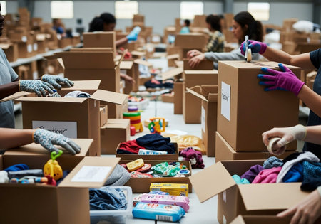 High angle view of a group of volunteers packing clothes into cardboard boxes in a warehouseの写真素材