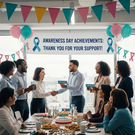 Happy multiethnic business people celebrating breast cancer awareness month at officeの写真素材