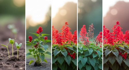 Collage of red salvia flowers growing in the garden. Gardening conceptの写真素材