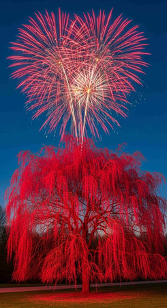Colorful fireworks in the sky with big tree in the foreground.