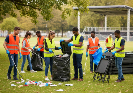 volunteers with garbage bags cleaning the park at the day timeの写真素材