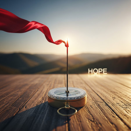 Compass on a wooden table with the word hope and red fabricの写真素材