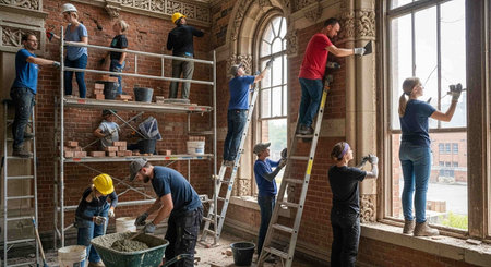 Team of construction workers working together on a building site in a low angle viewの写真素材