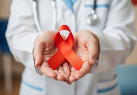 healthcare, people and medicine concept - close up of male doctor or nurse hands with aids awareness ribbonの写真素材