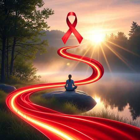 3d render of woman meditating in lotus pose with red ribbon on topの写真素材