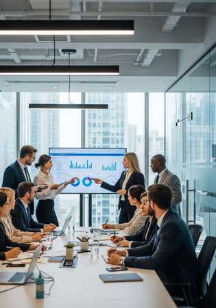 Group of business people discussing business plan at meeting in modern office.の写真素材