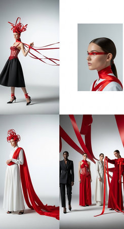 Collage of beautiful young woman in red dress and headscarfの写真素材