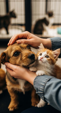cropped shot of woman holding cute welsh corgi puppy and cat