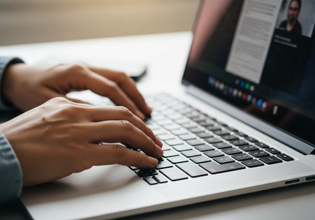 Close up of female hands typing on laptop keyboard. Young woman using computer at home.の写真素材