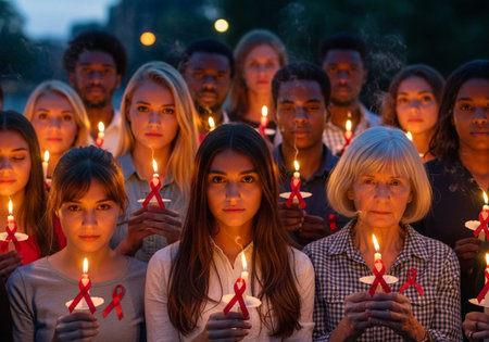 Group of multiethnic people holding red ribbons and looking at cameraの写真素材