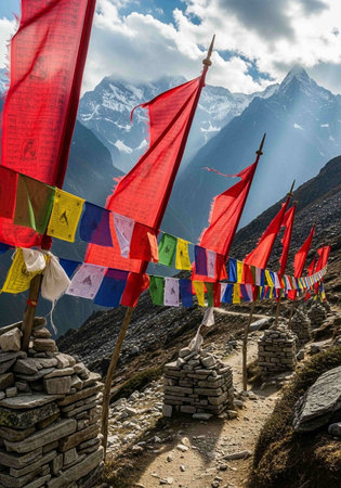 Colorful prayer flags in Himalayas, Annapurna Circuit Trek, Nepal