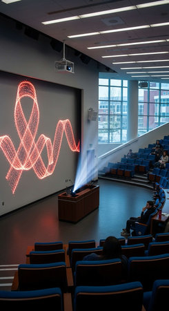 Interior of a conference hall with a projection screen and a lot of chairs