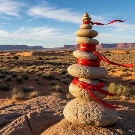 Pile of stones with red ribbons in Monument Valley, USAの写真素材