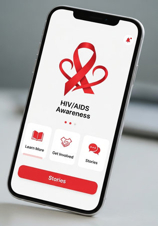 Red ribbon symbol of World Aids day against smartphone screen with appの写真素材