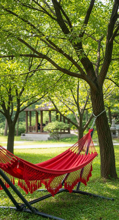 Red hammock on the green grass in the park, stock photoの写真素材