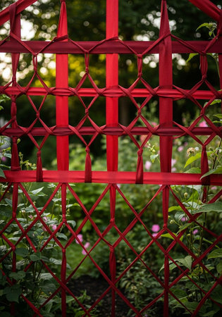 Red metal fence in the garden. Beautiful background. Selective focus.の写真素材